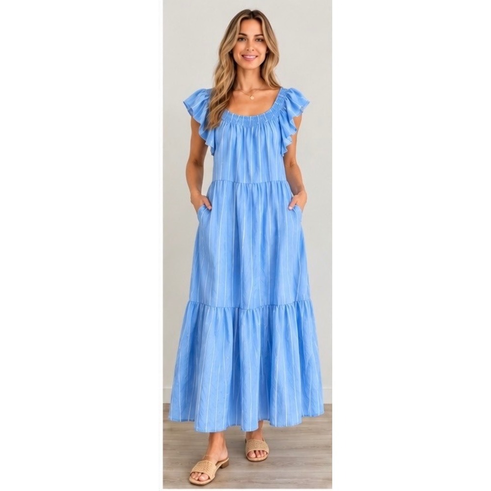 VICI Blue White Striped Smocked Tiered Maxi Dress Flutter Sleeve Pockets Small